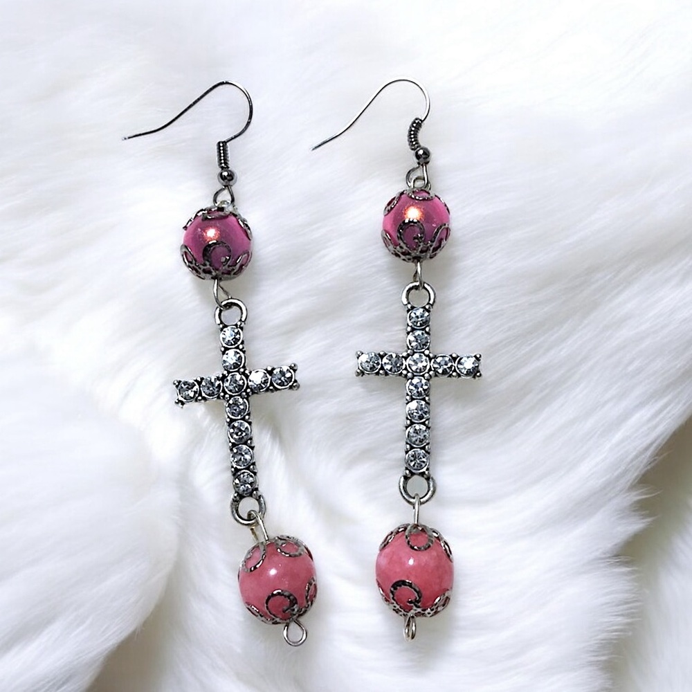 Rose Quartz Crystal Cross Dangle Earrings
